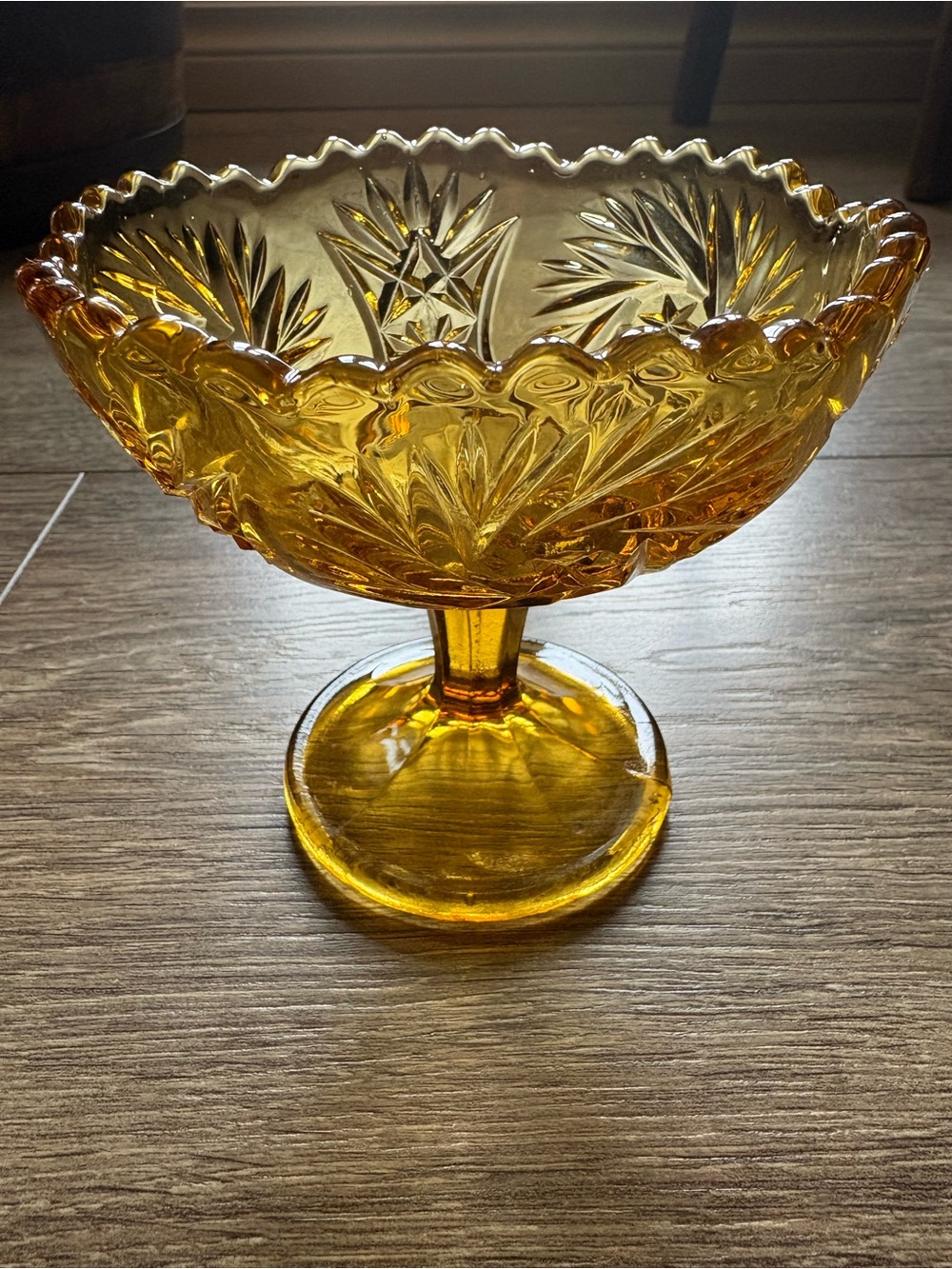 Vintage Amber Pressed Glass Pedestal Bowl "Kemple Glass Martec pattern"